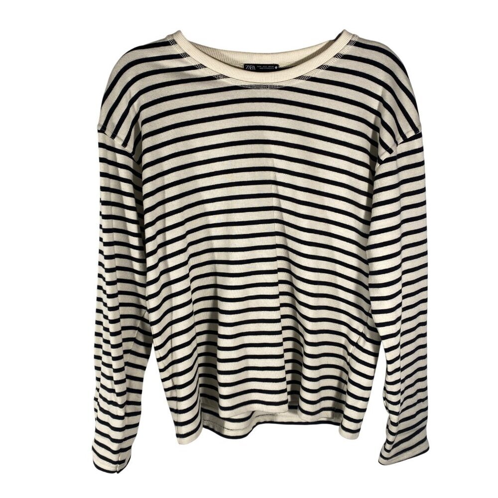 Zara Black & Cream Breton Striped Long Sleeve knit Top Size S oversized